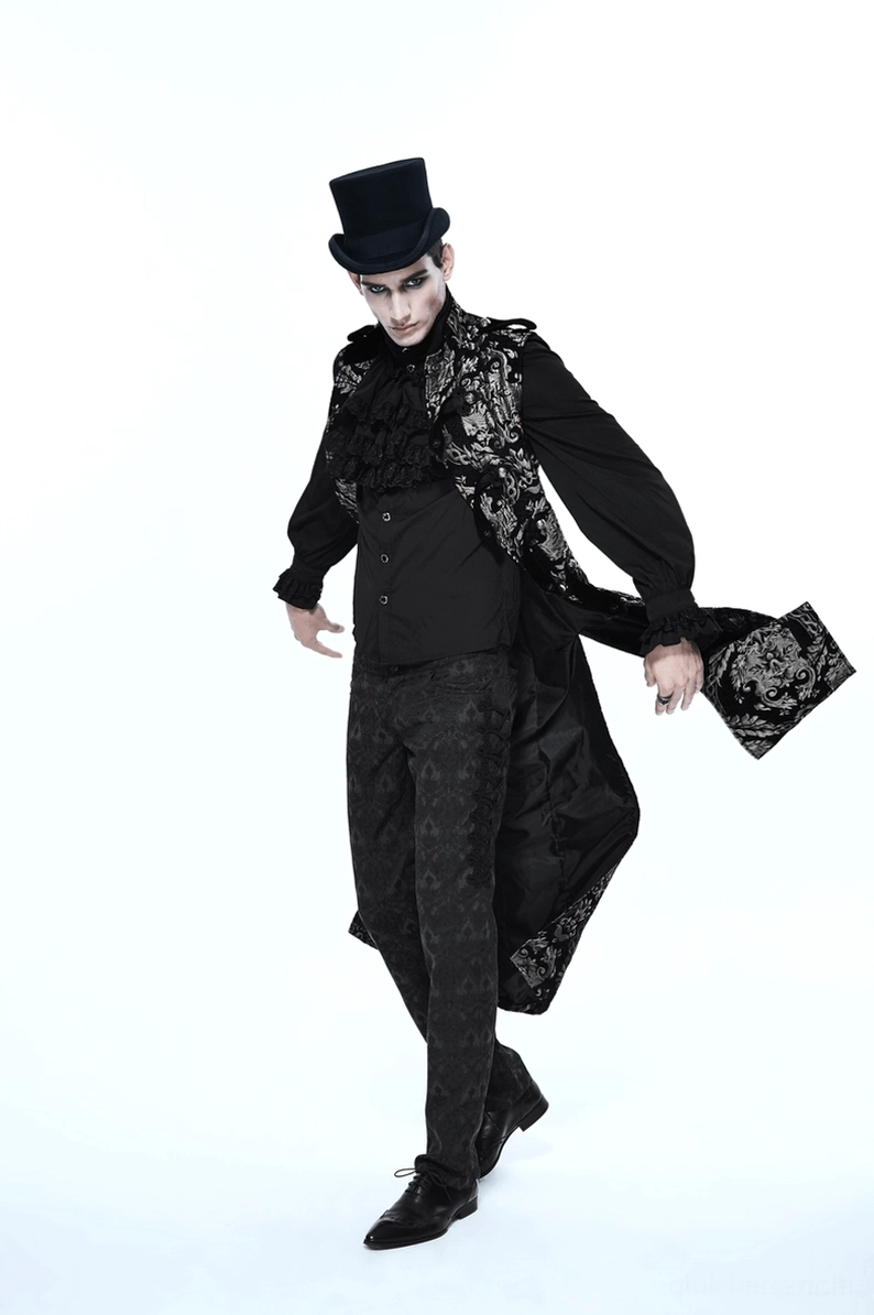 Schwarzer silberner Damast Gothic-Mantel ärmellos – Volles Damast-Jacquard-Muster Textur Detail-Nahaufnahme, Webstruktur und Farbkontrast zwischen Schwarz und Silber sichtbar