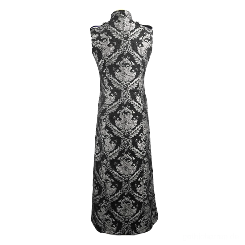 Schwarzer silberner Damast-Jacquard ärmellos Gothic-Mantel – Rückenansicht auf Schneiderpuppe, vollflächiges Muster visible, tailierte lange Silhouette weißer Studio-Hintergrund