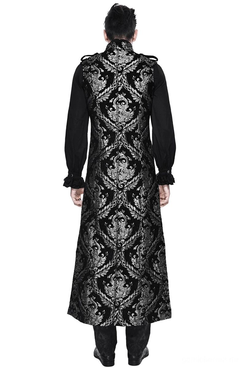 Schwarzer ärmeloser viktorianischer Gothic-Mantel mit silbernem Damast – Rückenansicht auf männlichem Model, vollständiges Damast-Muster sichtbar, Studio-Fotografie weißer Hintergrund