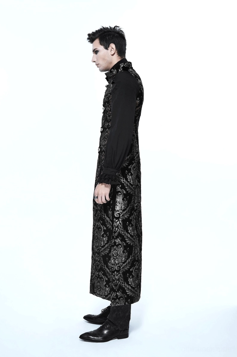 Schwarzer ärmellos Gothic-Mantel mit silbernem Damast-Jacquard – Unterer Saum und Drapierungssilhouette Detail, Länge und Fließen des Stoffes auf Schneiderpuppe