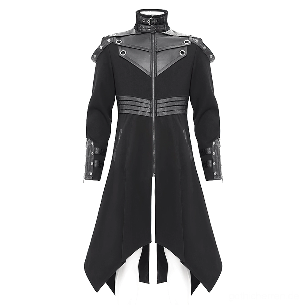 Schwarzer Gothic-Trenchcoat auf Schneiderpuppe von vorne, zeigt Metallschulter-Ösen, durchgehenden Reißverschluss und dekorative Taille-Ledergurte, komplette Silhouette