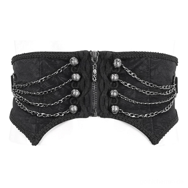 Frontale Produktpräsentation schwarzer Gothic Punk Korsettgürtel mit Metallketten und Nieten-Ornamentation Flat-Lay Displayansicht