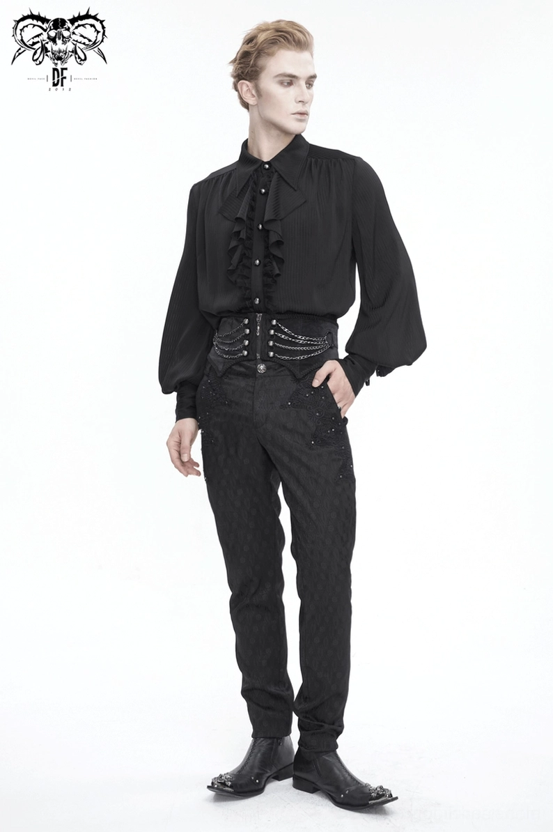 Gesamtansicht schwarzer Gothic Punk Korsettgürtel mit unregelmäßigem asymmetrischem Schnitt und mehrschichtiger Kettendesign-Komposition