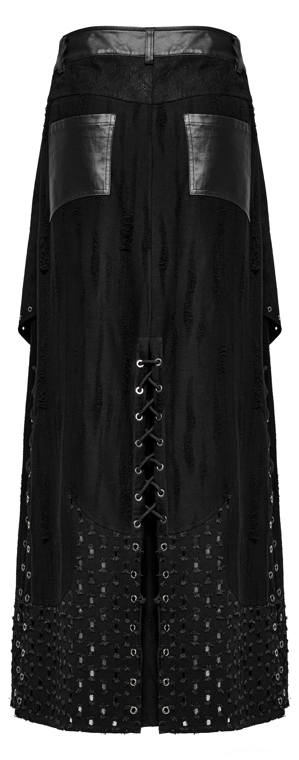 Schwarzer gothic punk maxi herrenrock rückseite flachlage detail mit kunstleder rückentaschen ösen grommet design hardware