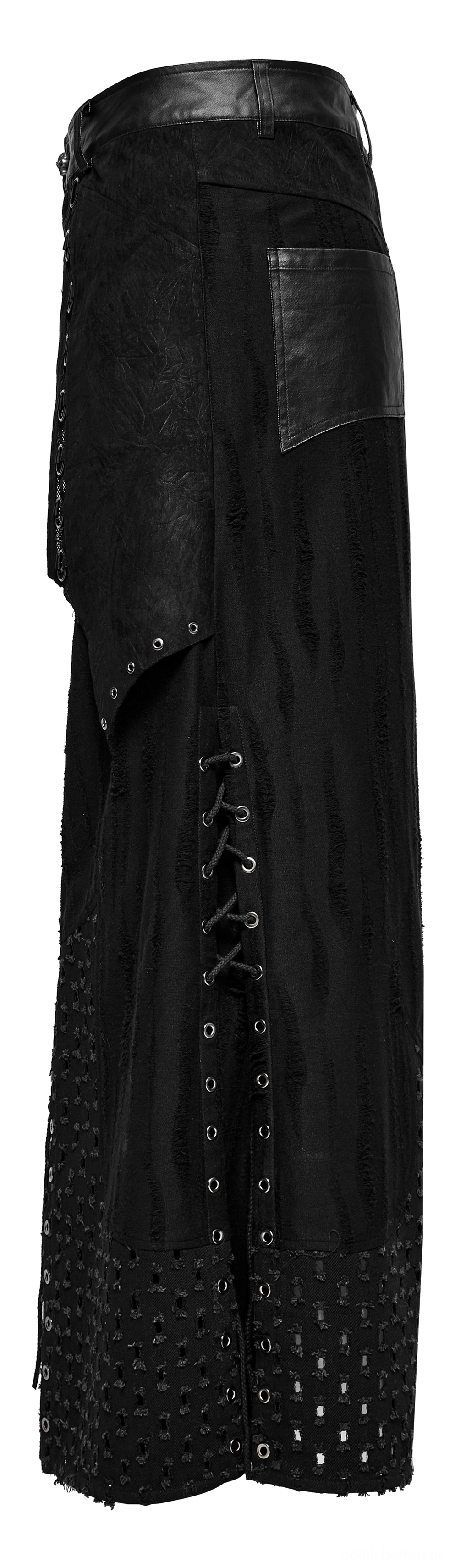 Schwarzer gothic punk layered maxi herrenrock seitenansicht flachlage mit vertikaler schnürung texturiertem kunstleder seitenpaneel