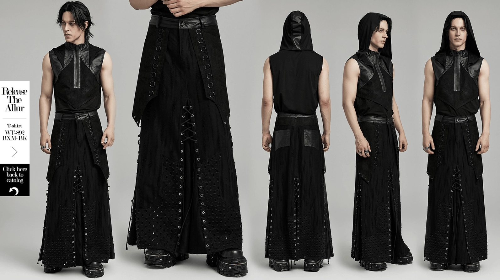 Schwarzer gothic punk layered maxi herrenrock vollständige länge studioansicht dramatische bodenlange silhouette metallhardware details