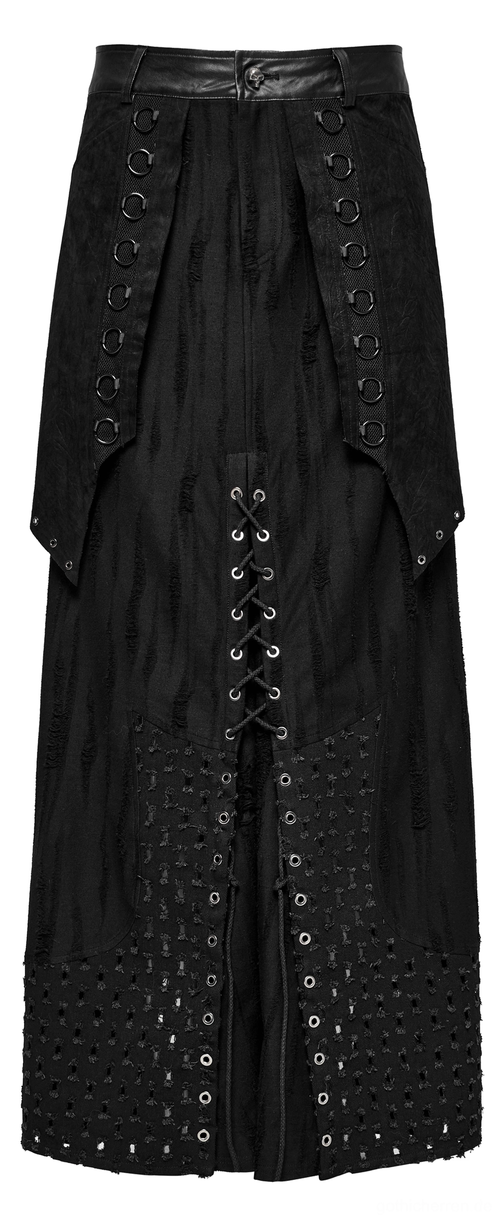 Schwarzer gothic punk maxi herrenrock vorderer detailansicht flachlage mit schnürung metallösen kunstleder taille