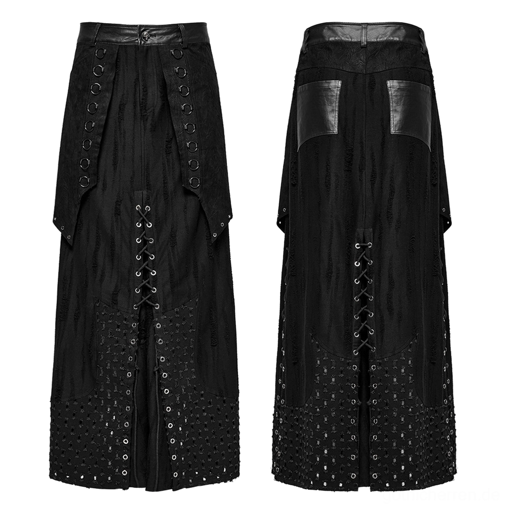Schwarzer gothic punk layered maxi herrenrock flachlage vorne und rückseite vergleich mit metallhardware ösen