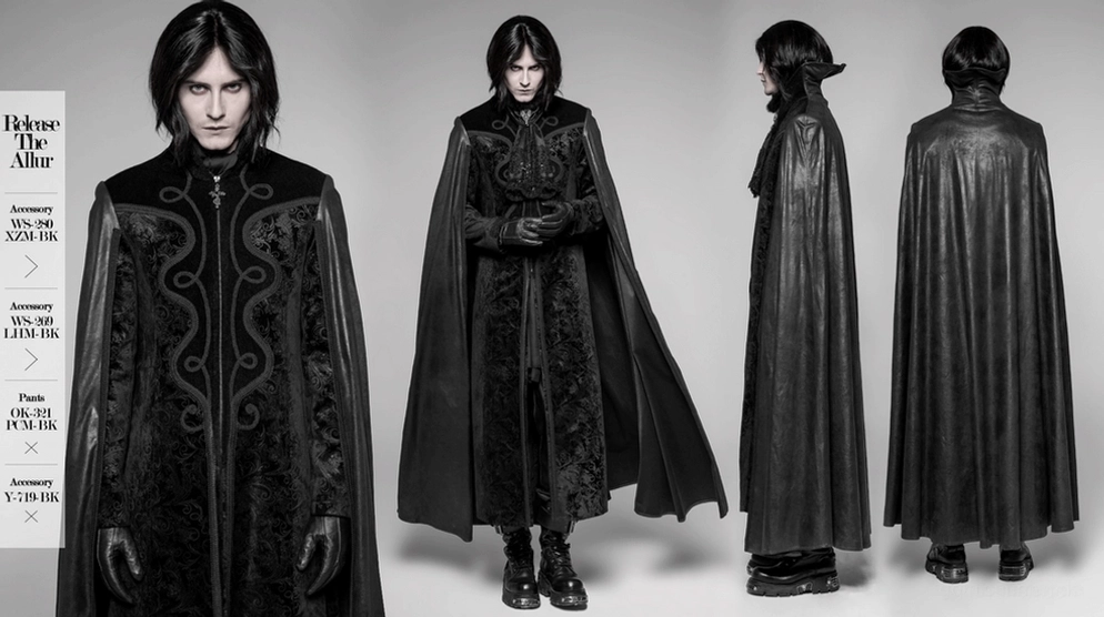 Schwarzer Gothic Samt-Herrenmantel Vollkörper-Frontaufnahme auf Model, geprägtes Paisley-Detail, verstellbarer Kragen, angenähtes Cape, Alternative-Fashion-Statement