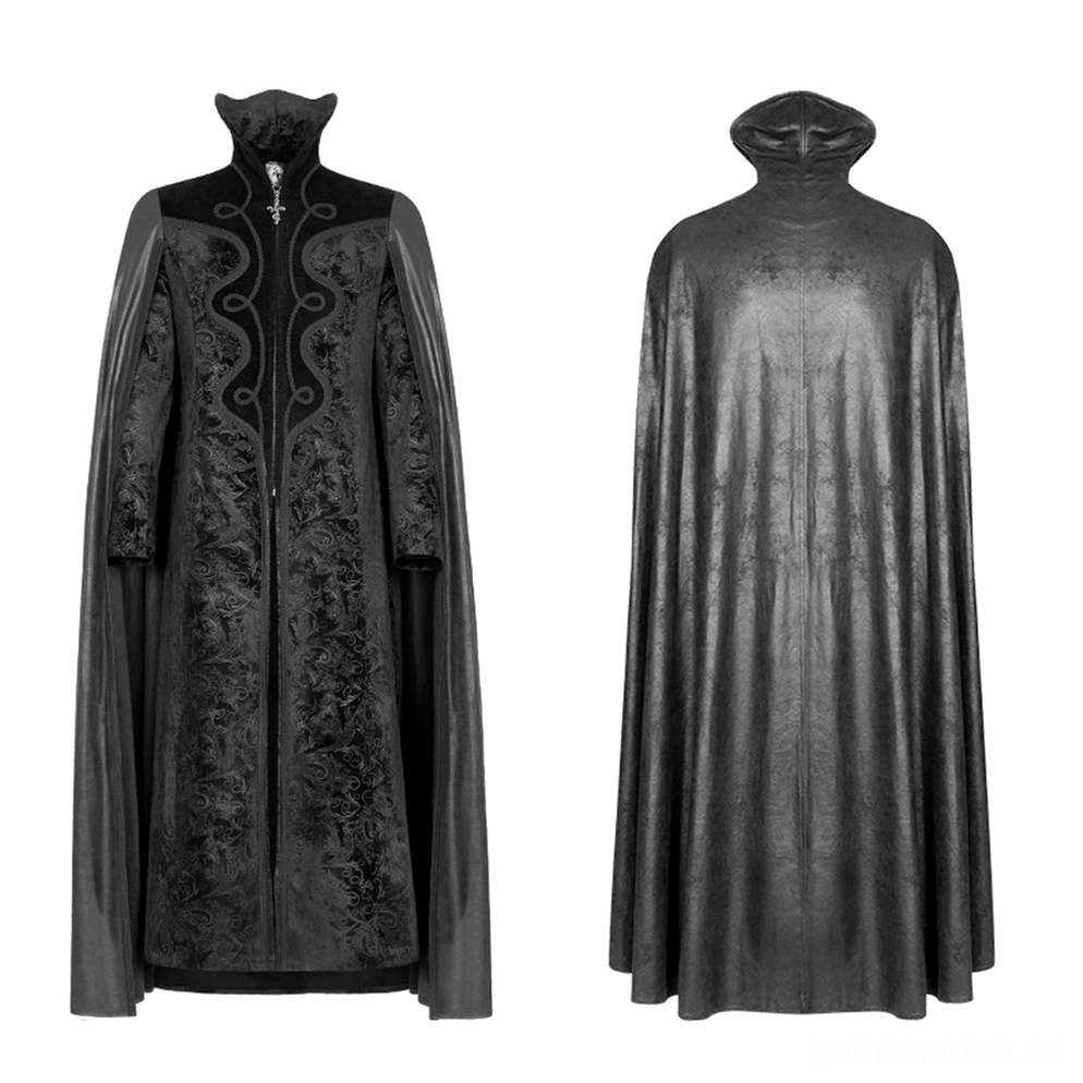 Schwarzer Gothic Samt-Herrenmantel Vorder- und Rückansicht Display, geprägtes Blumenmuster, Stehkragen mit ornamentalem Kreuzanhänger mit Schlangen- und Totenkopf-Motiven, Volllängen-Silhouette