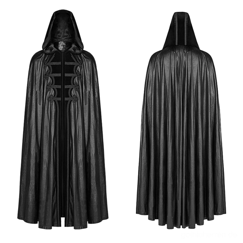 Schwarzer Gothic Samt-Umhang mit Stickerei-Bordüre – Vorderansicht mit Kapuze und geflochtenen Trim-Details