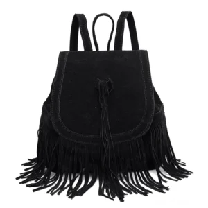 Schwarzer Gothic Samtseide Quasten Rucksack mit kaskadenförmigen Fransen und Quasten-Verschluss, ideales Alternative-Mode-Accessoire für Goth-Liebhaber