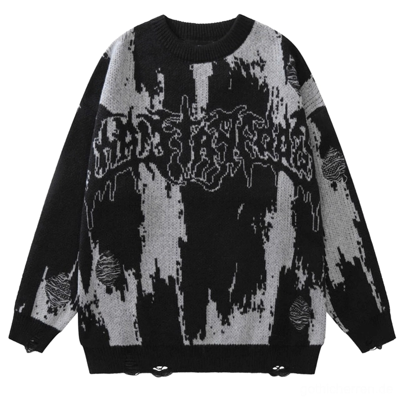 Schwarzer zerrissener Gothic-Schrift Strickpullover mit Grunge-Typografie-Druck, Flat-Lay-Ansicht von vorne mit ausgefranstem Saum und Rundhals-Ausschnitt