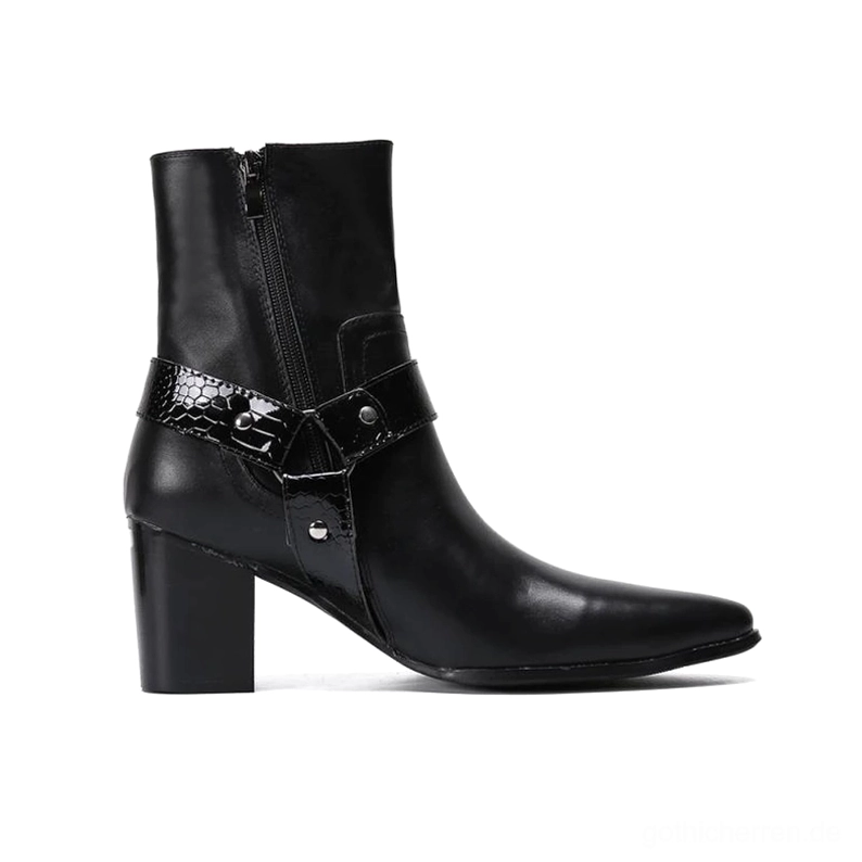 Schwarzer Gothic Leder-Ankle-Boot Seitenprofil mit Reißverschluss, Blockabsatz Höhe und Spitzform Silhouette deutlich sichtbar