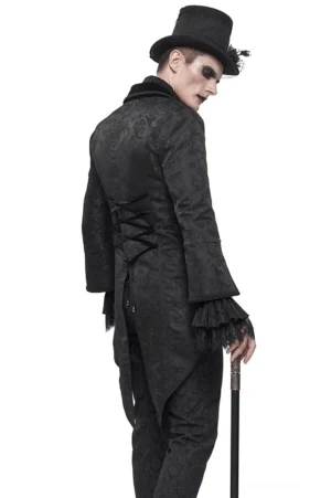 Schwarzer Gothic-Swallowtail-Frackmantel Rückansicht auf männlichem Model, gespaltener Schwanzsaum und Korsett-Schnürung hinten, Studio-Aufnahme