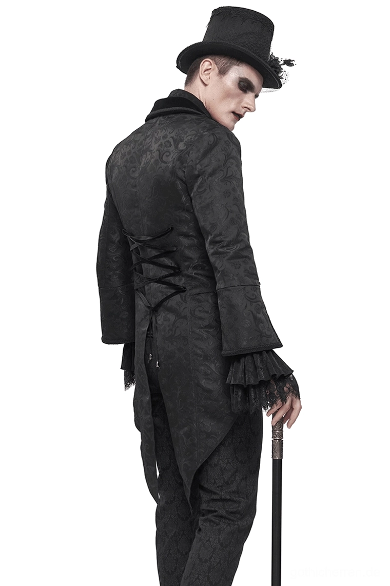 Schwarzer Gothic-Swallowtail-Frackmantel Rückansicht auf männlichem Model, gespaltener Schwanzsaum und Korsett-Schnürung hinten, Studio-Aufnahme