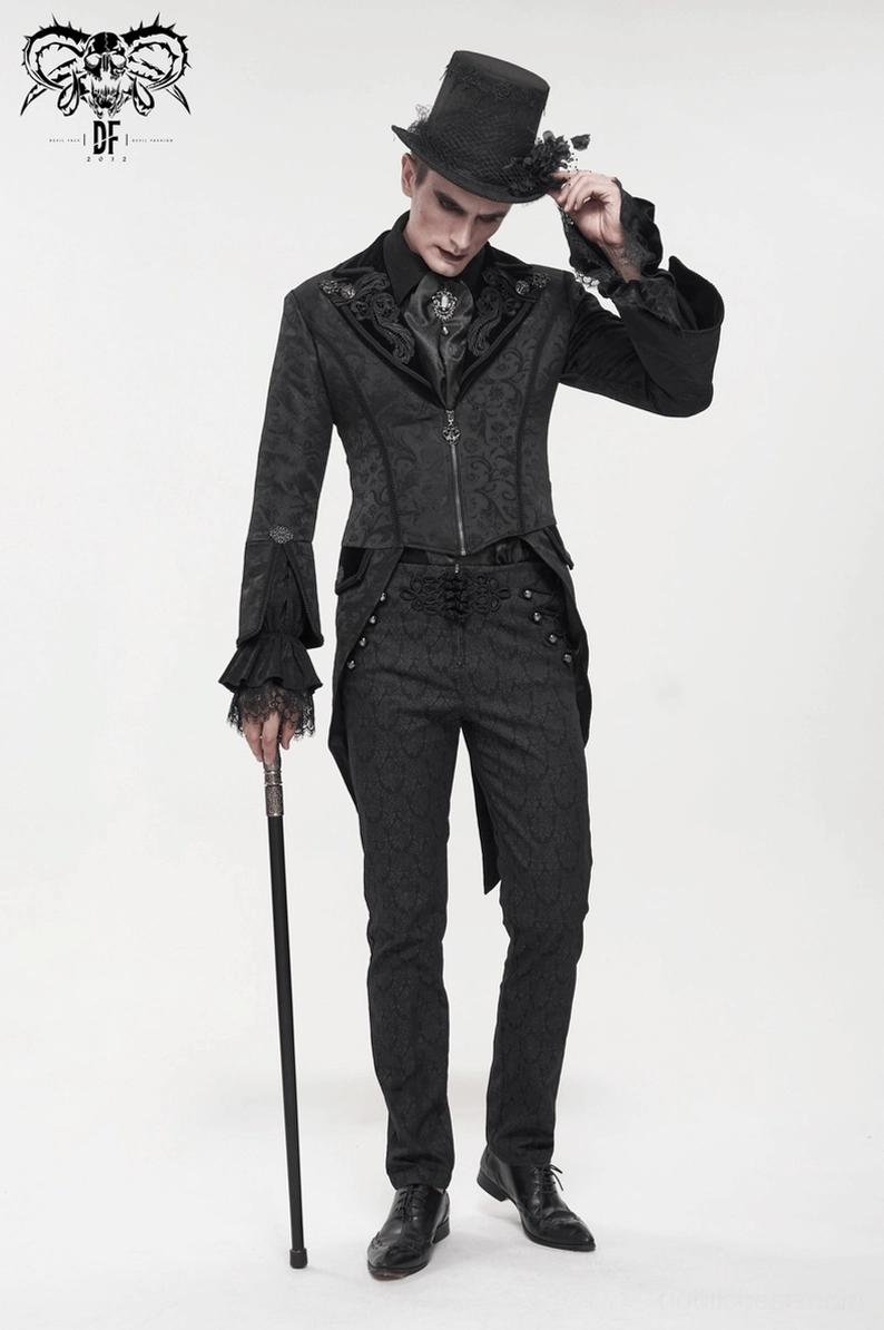 Schwarzer Gothic-Swallowtail-Frackmantel mittlerer Winkel auf männlichem Model, ausgestellte Manschette und Jacket-Body Details
