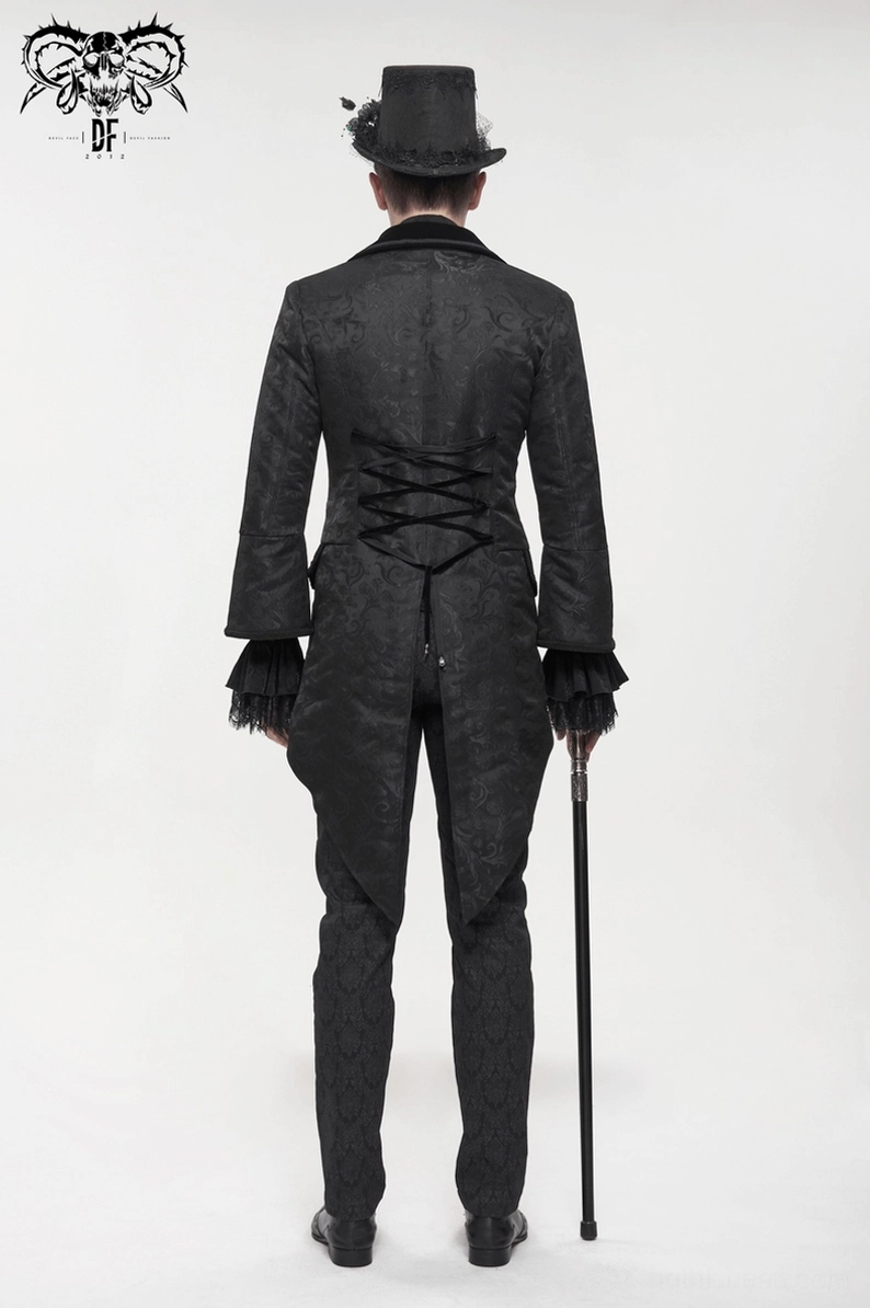 Schwarzer Gothic-Swallowtail-Frackmantel auf männlichem Model, Seitenprofil mit kompletter Frack-Silhouette und Struktur