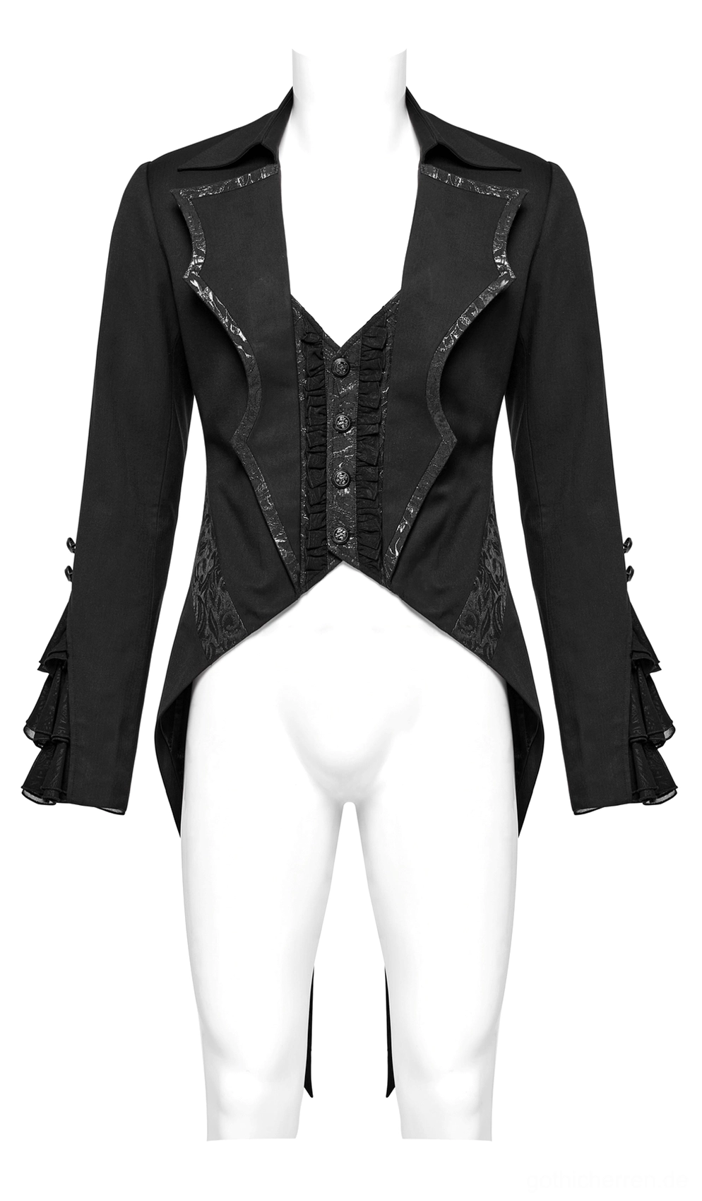 Schwarzer Gothic Tailcoat auf weißer Schneiderpuppe, standardisierte Frontansicht, zeigt vollständige Silhouette mit charakteristischem Fledermaus-Kragen, Metallknöpfe und strukturierte Taillenlinie, klassische Studioansicht