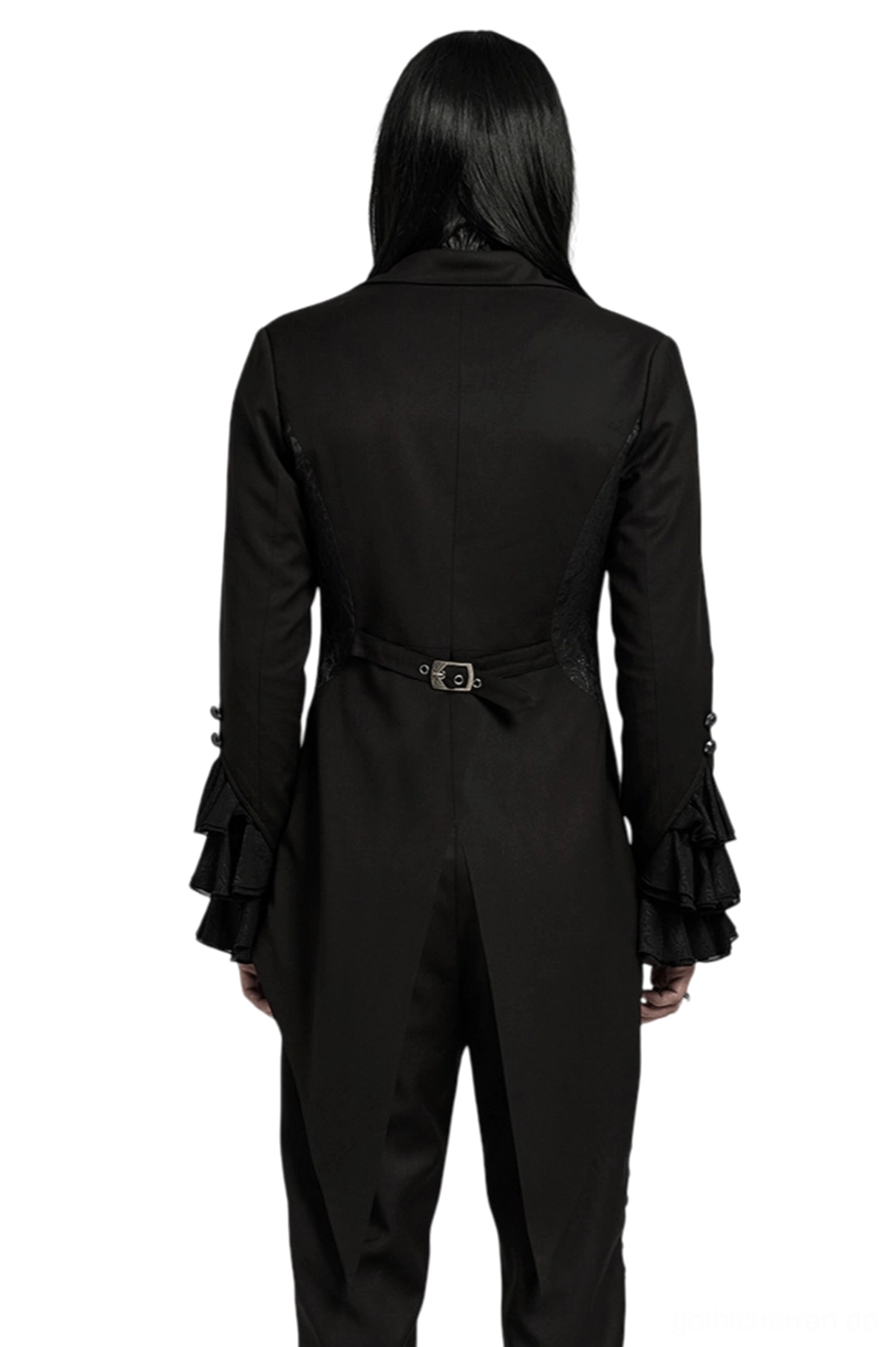 Schwarzer viktorianischer Gothic Tailcoat Rückenansicht auf männlichem Modell mit verstellbarem Taillengurt und silberner Metallschnalle, gespaltener Schößsaum und strukturierte Schulterpartie in Studio-Licht