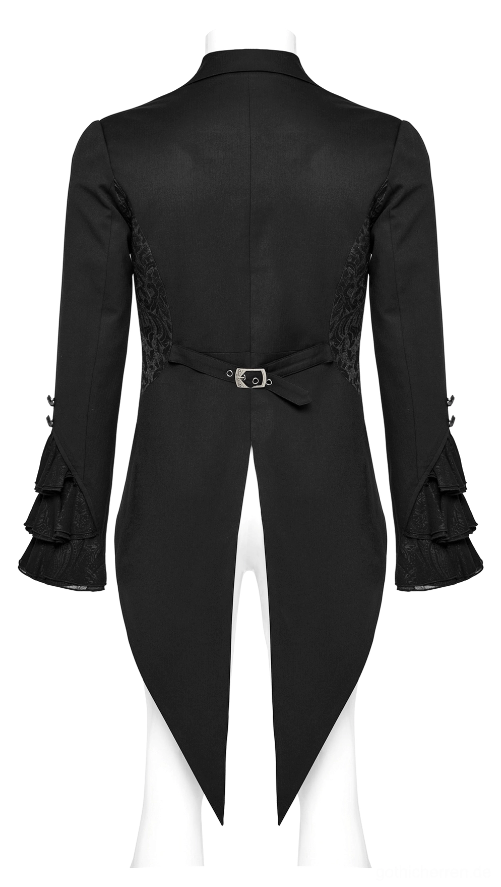Schwarzer viktorianischer Gothic Tailcoat Rückenansicht auf weißer Schneiderpuppe, zeigt Taillengurt mit verstellbarer Metallschnalle, gespaltene Schößkanten und mehrschichtige gerüschte Manschetten-Details