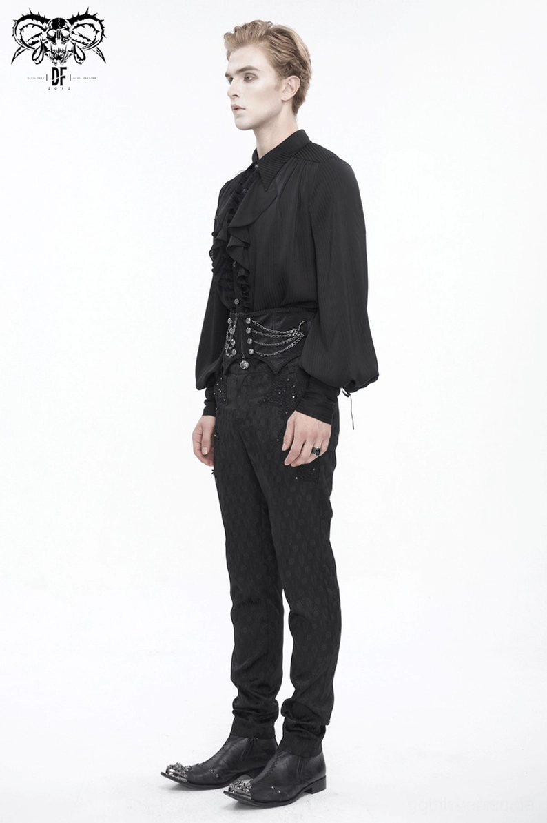 Schwarzer Gothic Waist Korsettgürtel Übersichtsdarstellung mit Metallketten Nieten-Ornamentation und Samtschnürung Rückenseite