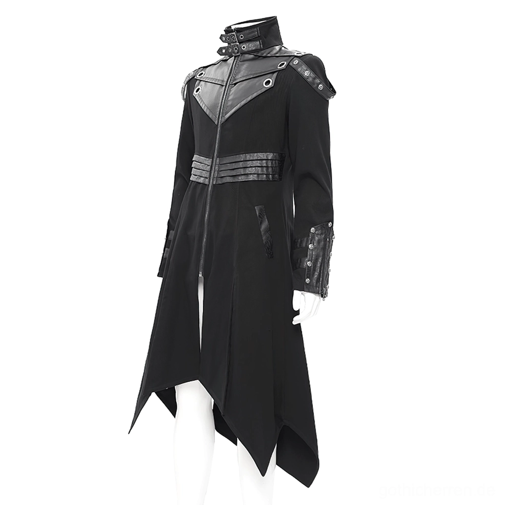 Schwarzer Gothic-Trenchcoat auf Mannequin von vorne, zeigt hochstehenden Kragen mit doppelten Metallschnallen und synthetischen Schulter-Lederakzenten