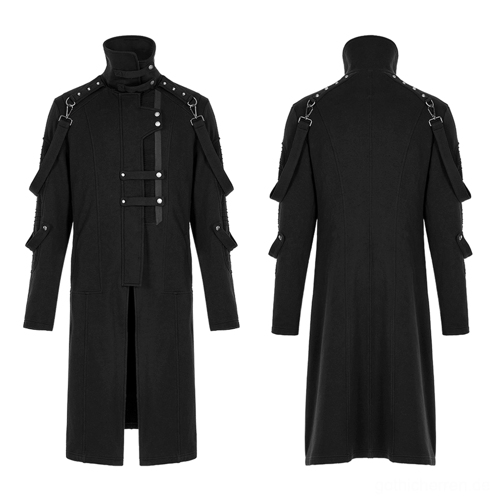 Schwarzer Gothic Trenchcoat Flachlage - Vorderansicht zeigt asymmetrischen stehenden Kragen Schnallengurte und Metallhardware-Details