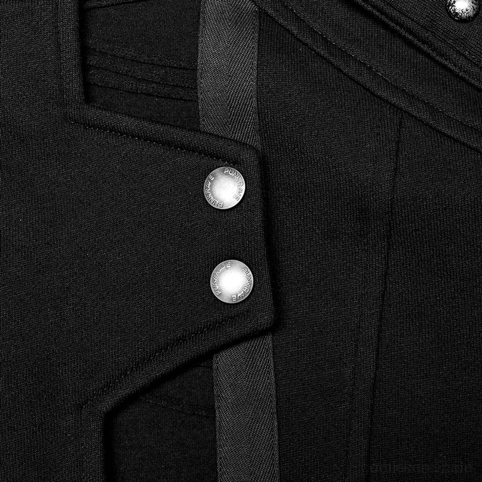 Schwarzer asymmetrischer Hochkragen Gothic Trenchcoat - Rückenansicht volle Figur Modellaufnahme mit langem Saum und stromlinienförmiger Rückenkonstruktion