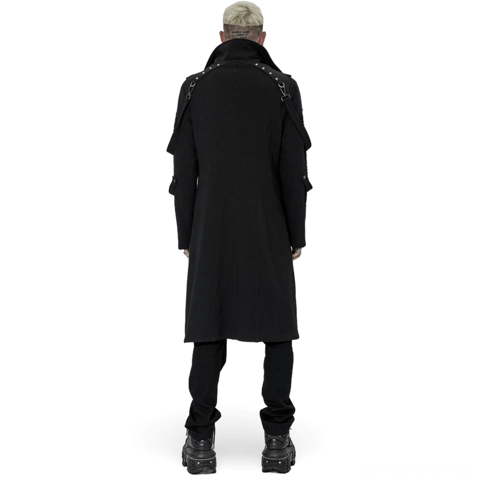 Schwarzer asymmetrischer Hochkragen Gothic Trenchcoat - Vorderansicht vollständige Modellaufnahme die taillierte Silhouette und strukturiertes Design zeigt