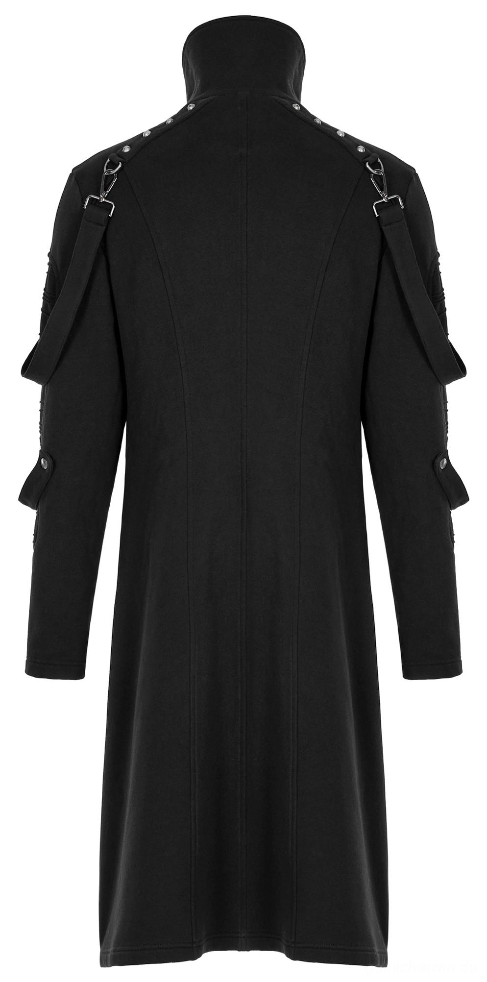 Schwarzer Gothic Trenchcoat - Rückenansicht Flachlage zeigt hintere Schultermetall-Befestigungen und solide schwarze Stoffstruktur