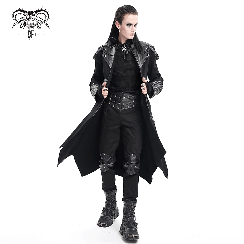 Schwarzer Gothic-Trenchcoat auf Mannequin Frontansicht, zeigt komplette Silhouette, Metallhardware, Kragenschnallen und tailierte Proportionen