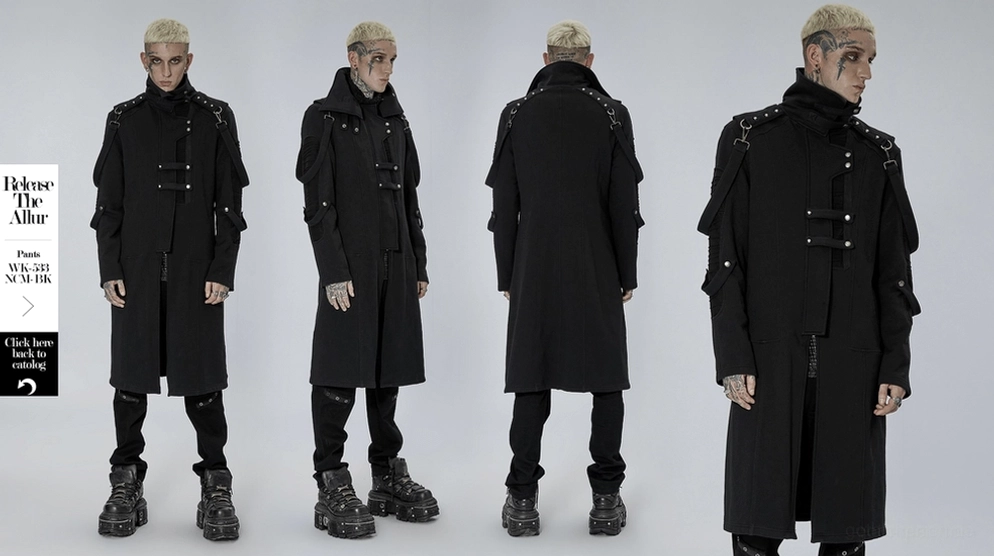 Schwarzer Gothic Trenchcoat - Rückenmodellansicht mit langem bis unter die Knie reichendem Saum zeigt stromlinienförmige Rückenkonstruktion des Mantels