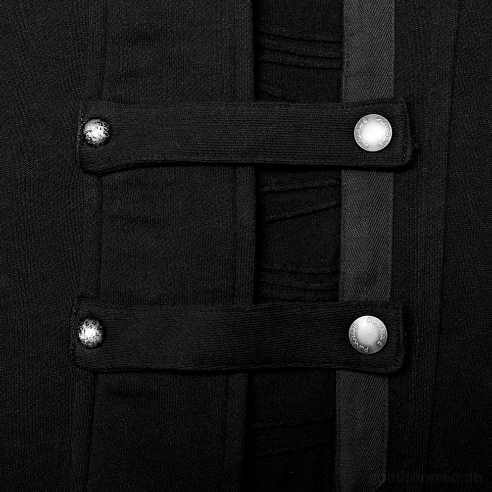 Schwarzer Gothic Trenchcoat - Vorderdekorations-Nahaufnahme zeigt zwei horizontale Schnallengurte mit runden Metalldruckknöpfen