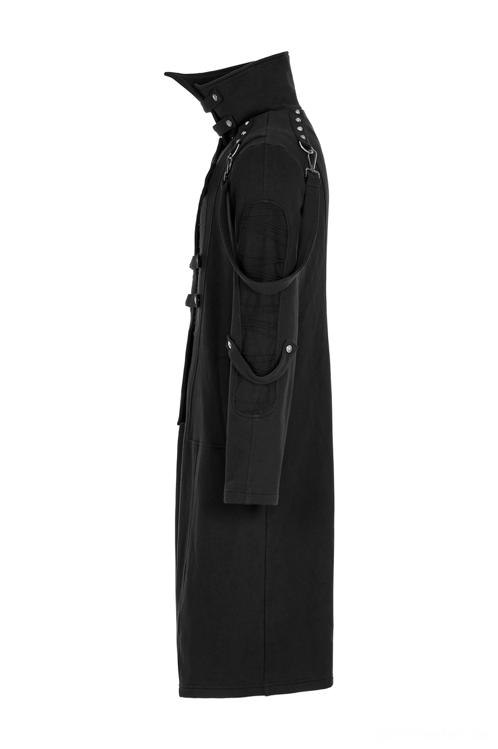 Schwarzer asymmetrischer Hochkragen Gothic Mantel - Seitenansicht Flachlage zeigt hohen Kragen und teilweisen Ärmelausschnitt Design