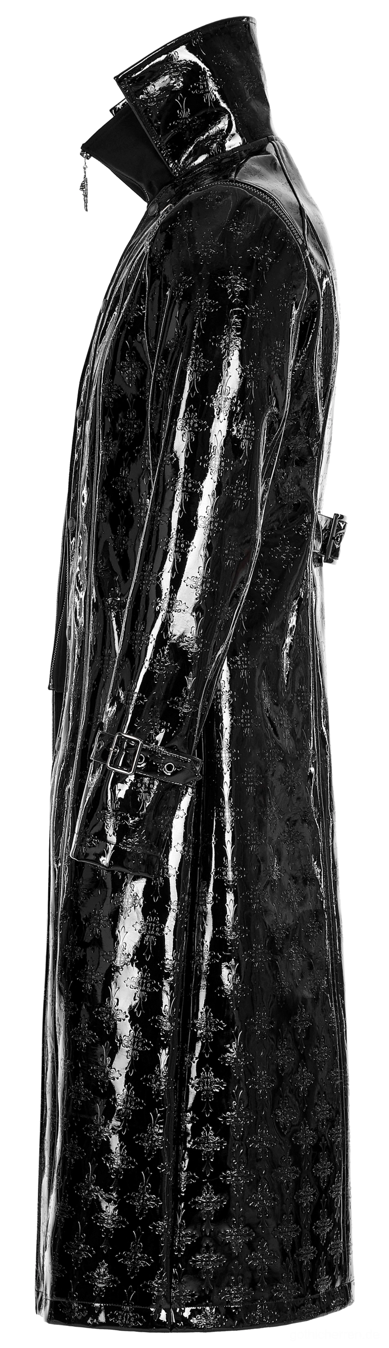 Schwarzer Lackleder-Trenchcoat Seitenprofilansicht mit hochem Stehkragen, Manschettenriemen und tailierter Passform