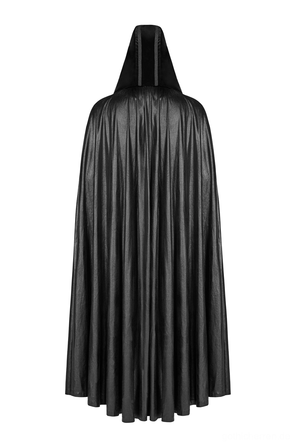Schwarzer Gothic Umhang Rückansicht – Satin-Struktur mit eleganten Falten und bodenlanges Saum-Detail