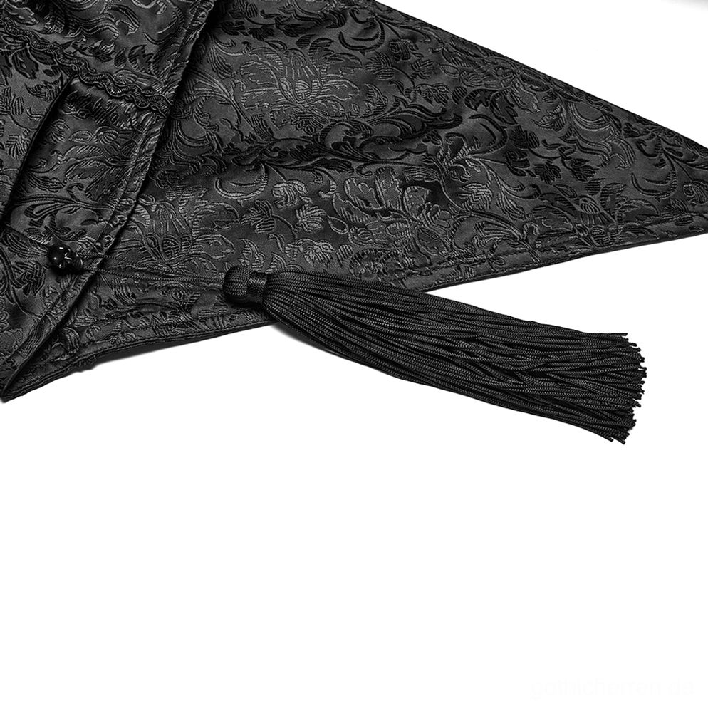 Gothic Umhang Schulter-Quasten Detail Flachlage-Nahaufnahme - schwarze Stoffquaste mit Blumen-Jacquard-Stoff und Knopfverschluss an Schulternäht
