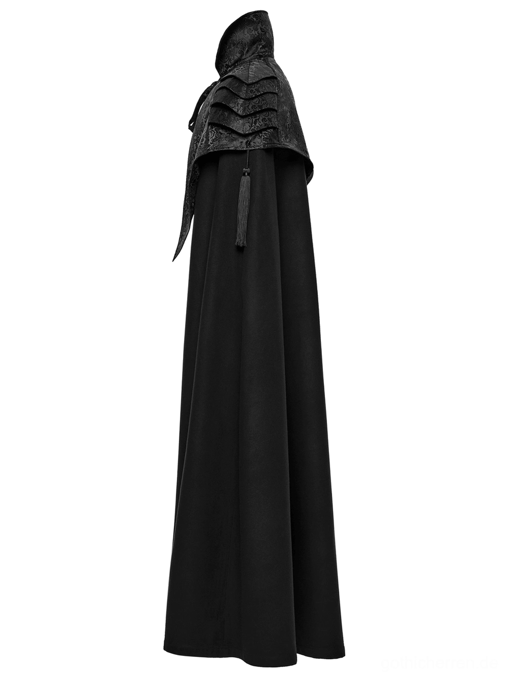Gothic Schulterrüstungs-Umhang linke Seite Rückansicht - hängende Quasten-Verzierung und schlanke bodenlange schwarze Silhouette mit architektonischem Schulter-Design