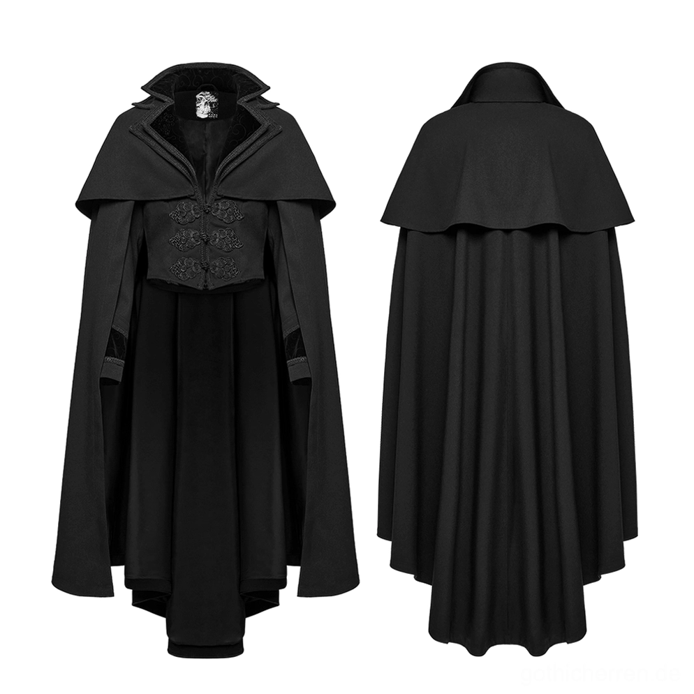 Schwarzer Gothic-Mantel und Weste Ensemble Flatlaydarstellung, zeigt strukturierte gestickte Weste und abnehmbaren Schulter-Cape mit doppeltem Kragen