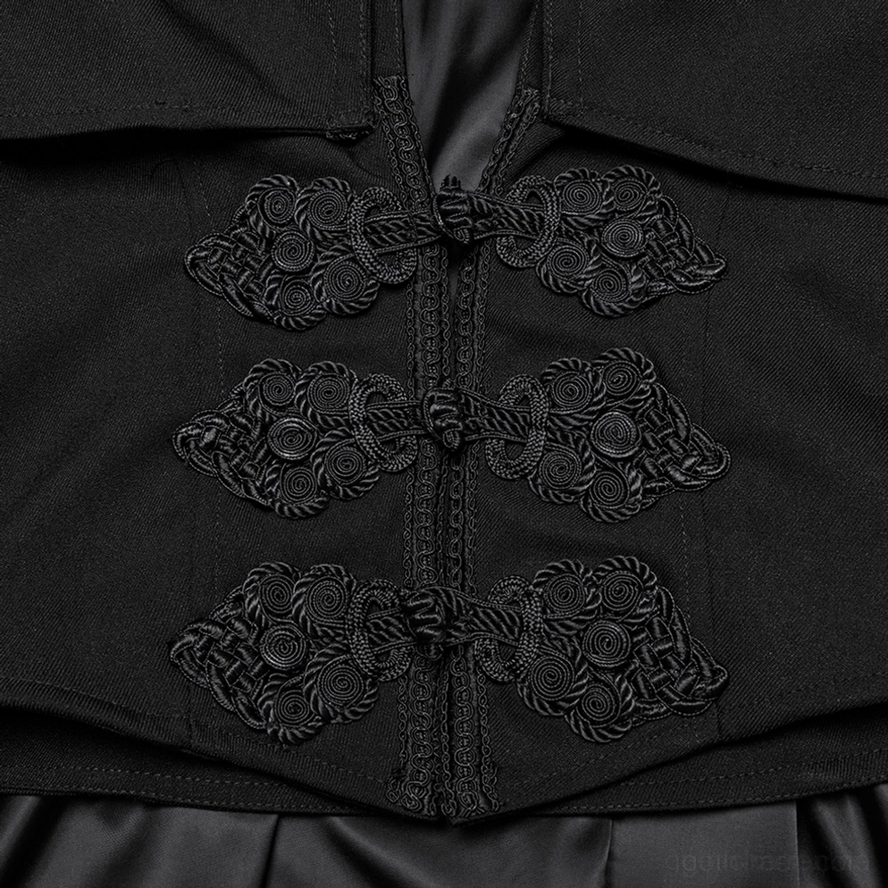 Detailnahaufnahme von ornamentalen geflochtenen Frosch-Verschlüssen und Knotwork-Befestigungen am schwarzen Gothic-Westen-Verschluss mit feiner Ausarbeitung
