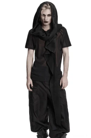 Schwarzer gotischer Kapuzen-Cape-Vest mit asymmetrischer Drapierung in Vorderansicht auf männlichem Model - dystopian hooded asymmetric drape cape vest worn over black sheer top