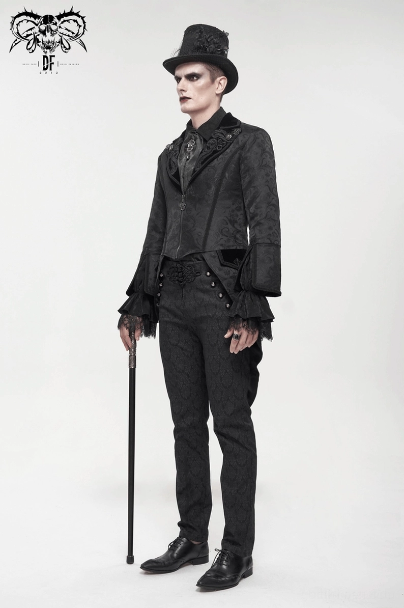 Schwarzer Jacquard-Gothic-Swallowtail-Frackmantel männliches Model Dreiviertelsicht-Rückenansicht, Korsett-Schnürung Rückseiten-Design