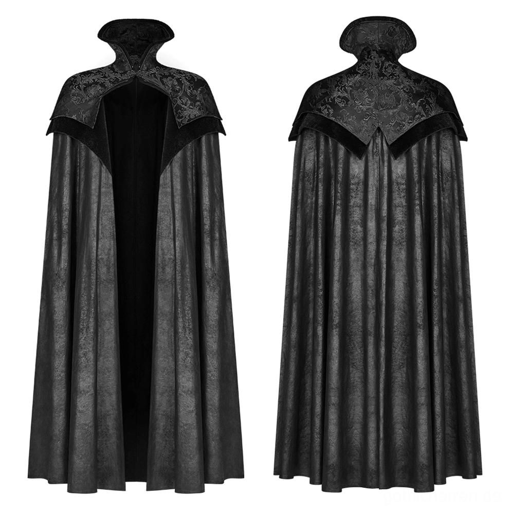 Schwarzer Jacquard Gothic Mantel in statischer Frontpräsentation, zeigt architektonischen Schulterschnitt und bodenlanges Design mit dekorativem Capelet