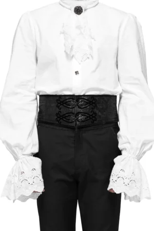 Schwarzer Jacquard-Korsettgürtel mit Schnürung – Gotischer Wespentaille-Gürtel getragen von männlichem Modell in viktorianisch-gotischem Outfit, Frontalansicht