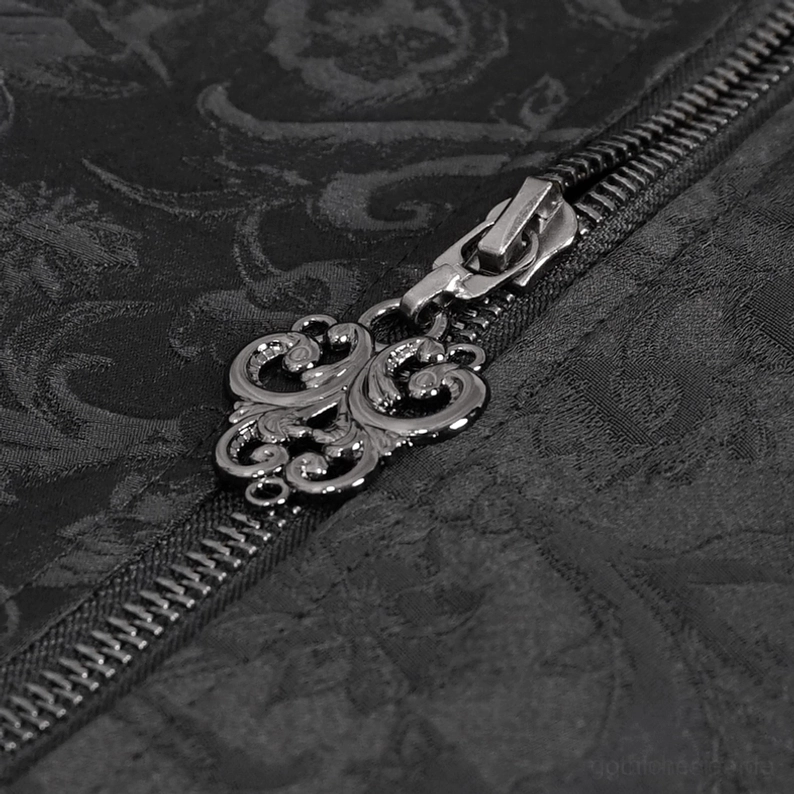 Schwarzer Jacquard-Samt-Swallowtail-Frackmantel vollständige Rückansicht mit gespalteter Schwanzsaum und strukturierter Rückenseite Silhouette