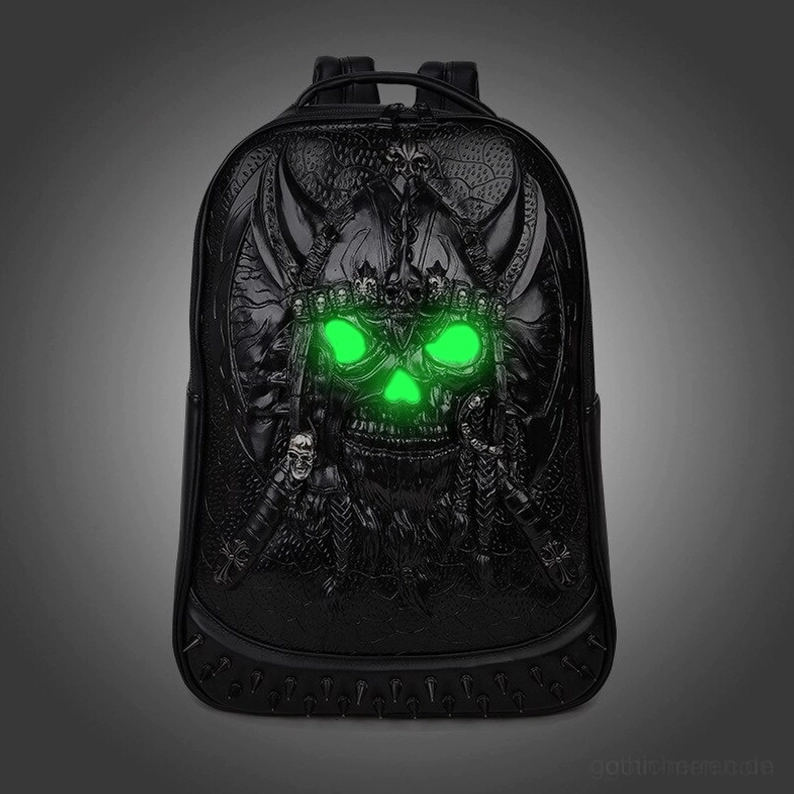 Schwarzer Krieger-Totenkopf geprägter Gothic Rucksack mit neon-grünem Glüh-Effekt und Kunstleder-Oberfläche