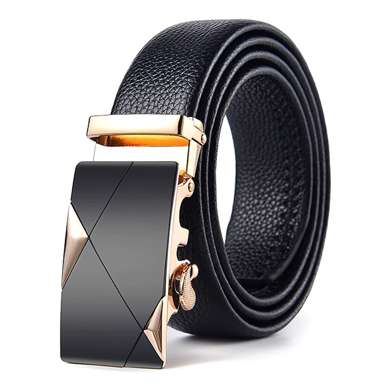 Echter schwarzer Leder-Gothic-Gürtel mit roségoldenem geometrischem Pin-Schnalle, vordere drei-viertel Perspektive