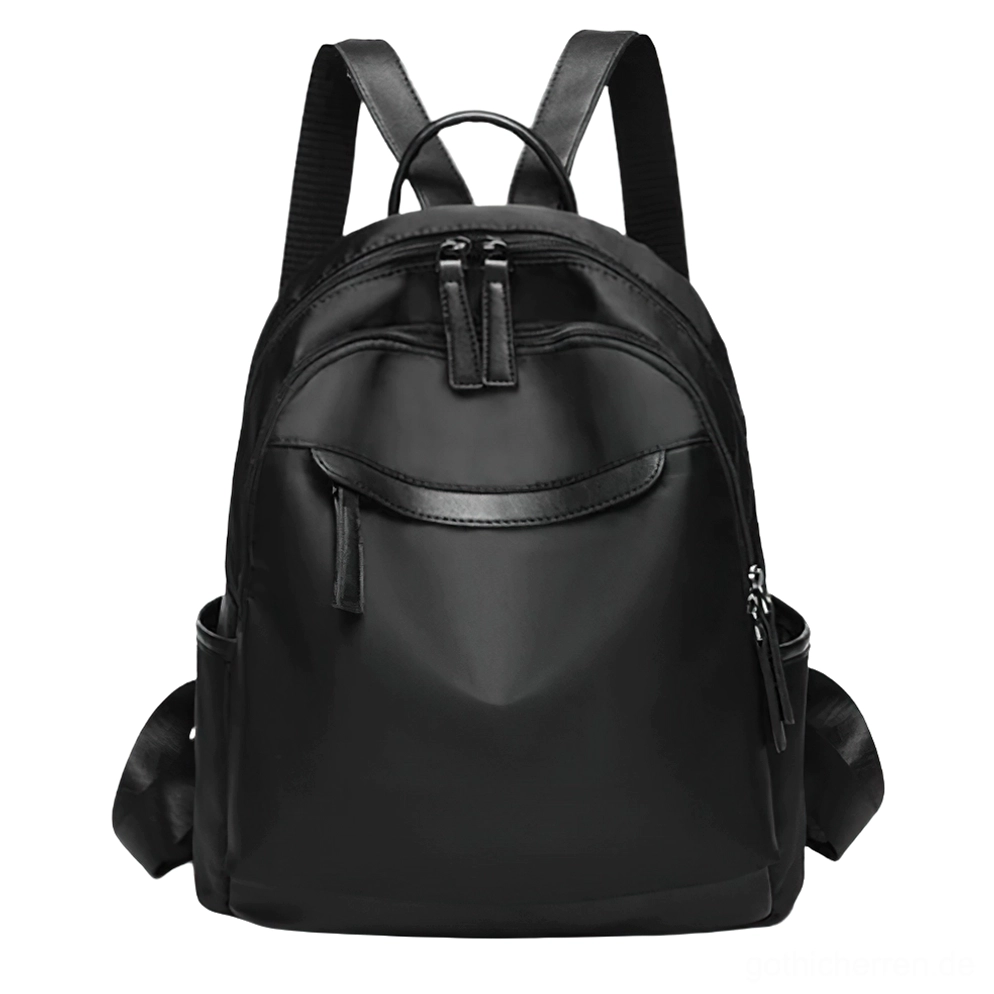 Schwarzer minimalistischer Tagesrucksack Matt Oxford Gewebe Leder Hardware Reißverschluss elegant