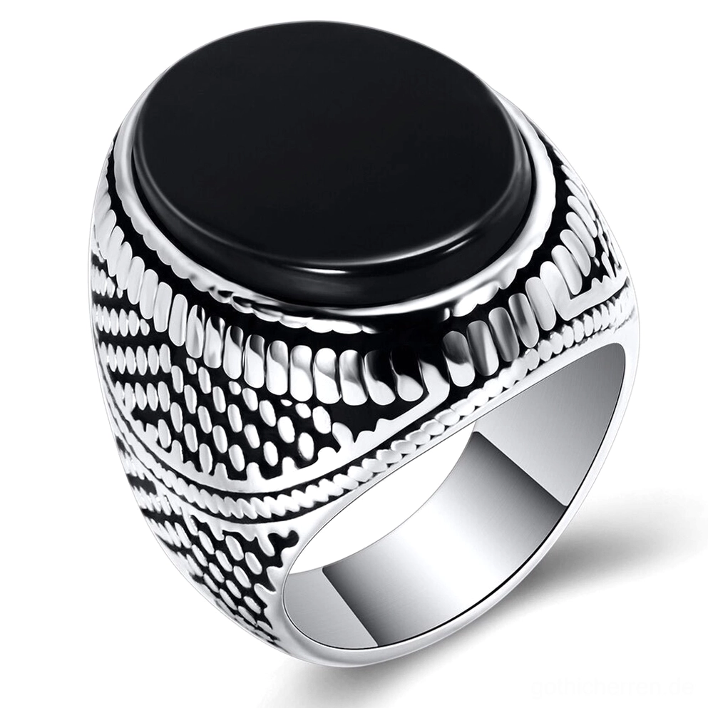 Schwarzer Onyxring Siegelring Herren Gothic Vintage Punkt Streifenmuster Edelstahl Vorderansicht Schräglicht Studio